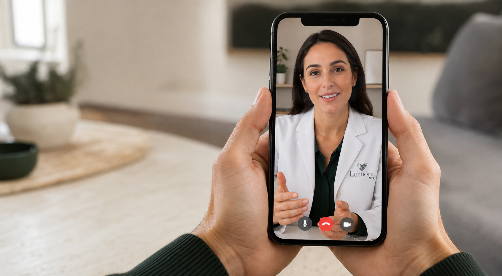 A patient on a video visit with a Lumora MD provider, held from the patient's point of view